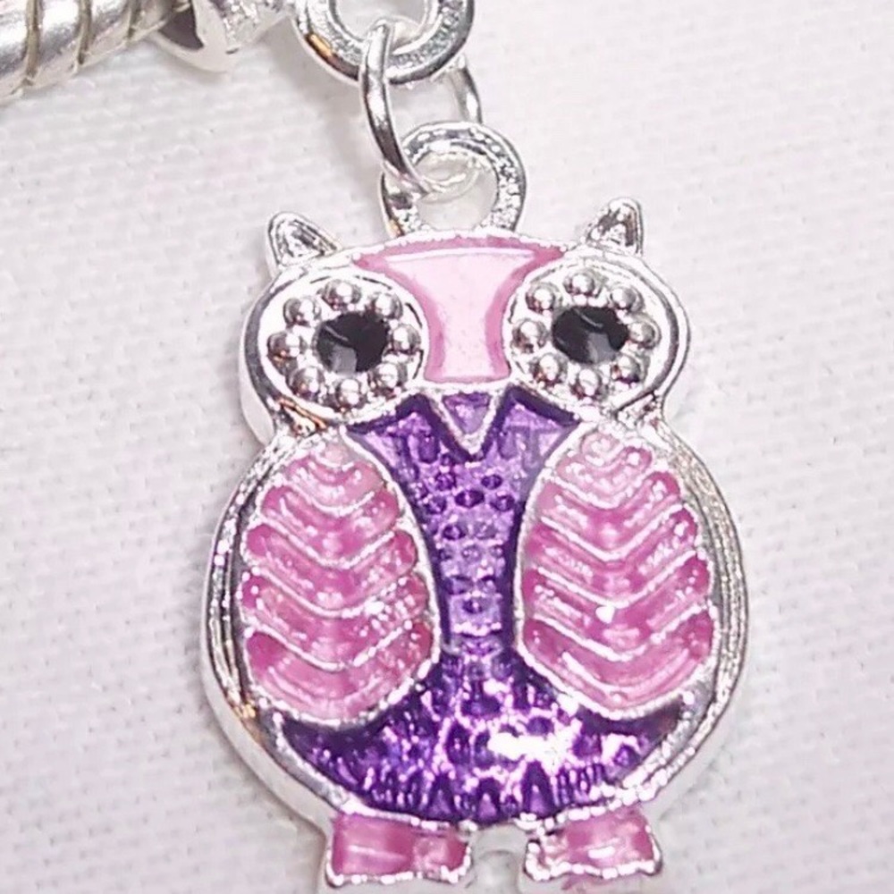 Silver Purple Enamel Owl Dangle Charm